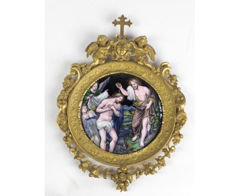 An attractive and rare small painted enamel circular Plaque, depicting the Baptism of Jesus Christ by John the Baptist, with 