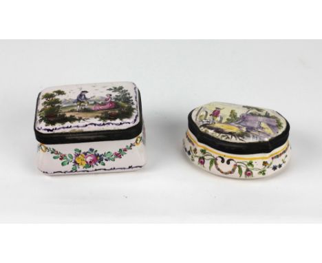 Two attractive hand painted enamel ormolu mounted Trinket Boxes, one rectangular, and one a later heart shaped ditto. (2)