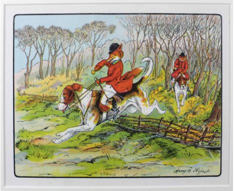 After Harry B. Neilson"The Foxes Hunt," an amusing set of 4 colourful hunting prints with the fox in the saddle and calling t