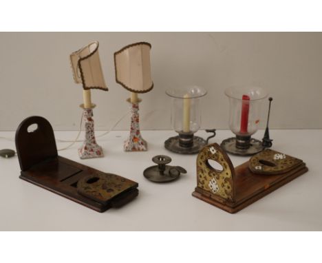 Two plated Candlesticks, with shades and one brass Chamber Stick; a brass bound walnut and a similar oak extendable Table Boo