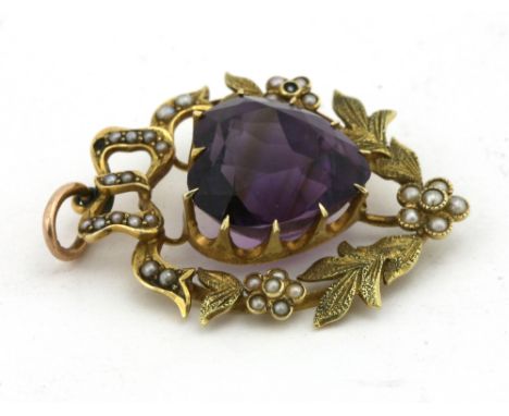 A 14ct gold Pendant, with heart shaped amethyst, set with 31 small pearls and leaf detail. (1)