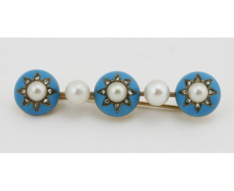 An attractive Edwardian blue enamel and freshwater pearl Brooch, set with .24ct páve set diamonds in an 18ct mounted brooch. 