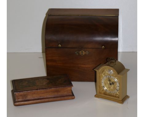 A 19th Century mahogany Tantalus, (lacks bottles) with hinged dome lid; a wooden Box with floral decorated lid; and a heavy b