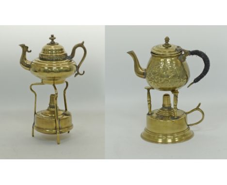 Two vintage Middle Eastern brass Kerosene burners / camping stoves H16cm and H13cm together with a tinned brass tea pot with 