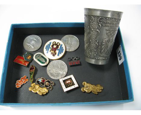 1976 Winter Olympics at Innsbruck, pewter tumbler by Rein-Zinn featuring German Medal winners 8.5cm high, three Berlin Olympi