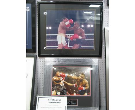 Boxing, Mile Tyson autograph (unverified) black pen signed on a print of him in the ring, another of Sugar Ray Leonard with S