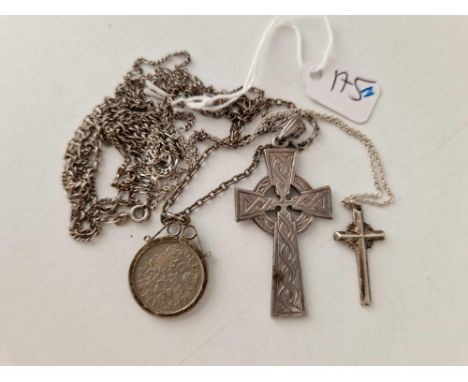 Three silver necklaces including one celtic cross pendant, 21 g