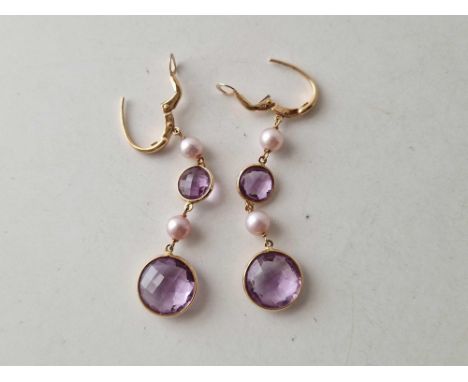 A pair of amethyst and pearl drop earrings, 18 ct