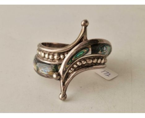 A fancy hinged silver cuff bangle with abalone overlay