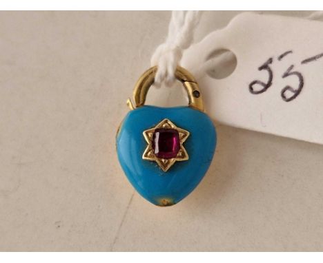 A VICTORIAN HIGH CARAT BLUE ENAMEL AND RUBY SET PADLOCK WITH LOCKET BACK SOME CHIPS BOXED