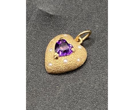 One Peal Missing An antique amethyst pearl heart shaped pendant in high carat gold