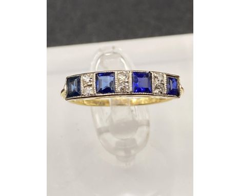 Edwardian Sapphire &amp; Diamond ring Square Cut Sapphires boarded by Full Cut Diamonds 18ct Gold Size K