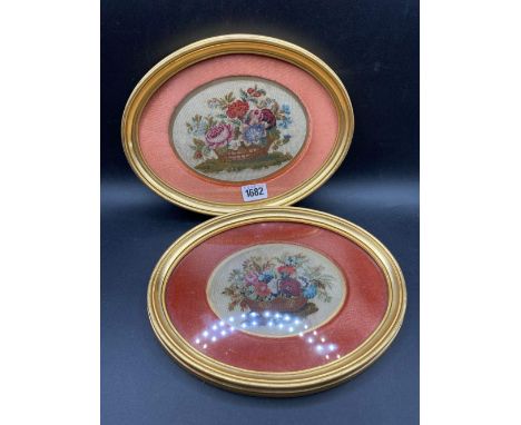A pair of fine needlework tapestry pictures of flowers and baskets, 6.5 inches wide