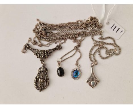 Five silver pendant necklaces, including marcasite and Art Nouveau examples, 22 g