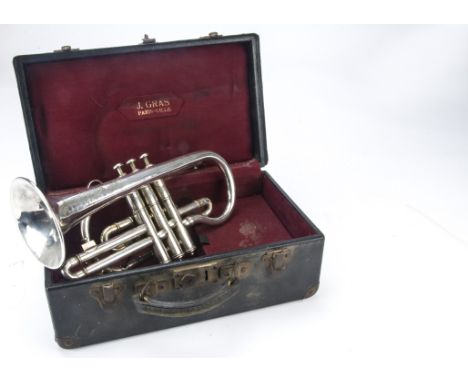 Cornet, a Boosey & Co, plated cornet 'Solbron' class A, with decorative inscription that states 'Light Valve, Boosey & Co, ma