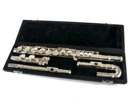 Pearl Alto Flute, A cased white metal, possibly Silver plated Pearl Alto Flute PFA-201 ESU (with Straight and Curved headjoin