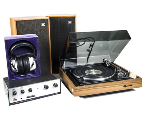 Hi Fi System, Garrard Synchro-Lab 95B plus instruction booklet, Trio KA-2002 stereo amplifier with instruction booklet, a pai