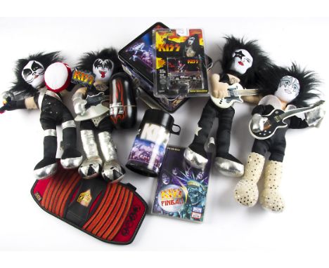 Kiss Memorabilia, collection of Kiss memorabilia comprising all four Toy Works Dolls from 2002 with original sale cards, Kiss