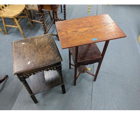 A 1930s oak table with bobbin turned legs and a mahogany wash stand with a later top 