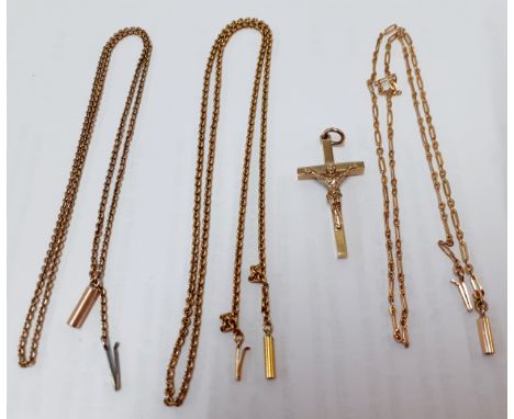 A 9ct gold cross pendant stamped 375, makers mark WJP, 4.2g, on a yellow metal chain 3g together with two 15ct gold chains, 6