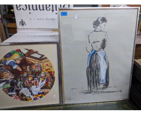 RJTK - portrait of a woman- charcoal and coloured crayon on paper, artist monogram to lower right, dated 1986, 65 x 50, glaze