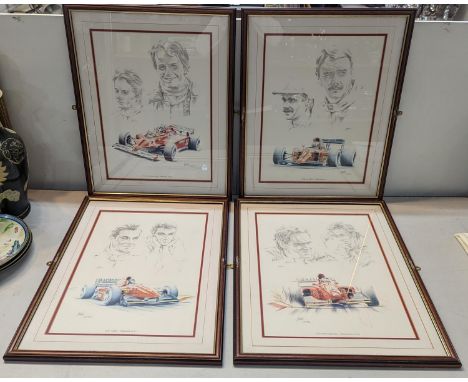 A group of four framed and glazed Simon Taylor Ferrari limited edition prints, to include Gerhard Berger, Nigel Mansell, Gill