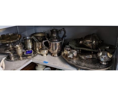 A mixed lot of metalware to include trays, teapot, footed dishes, tankards and other items Location: 10.3 