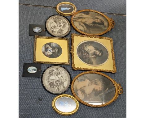 Mixed pictures to include a 19th century Samuel Bellin engraving portrait of a lady, two oval portrait prints in French gilde