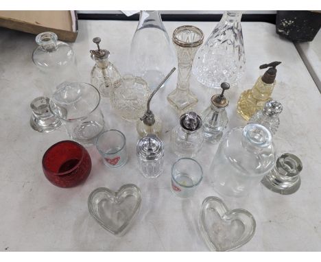 Glassware to include a silver and enamel atomizer and another with a silver collar, a Whitefriars decanter and other glasswar