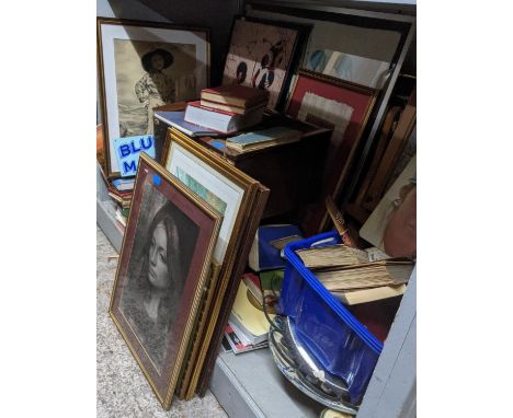 A large mixed lot to include a pair of sacred heart prints, a scientific portrait, a Blue Band margarine enamel sign, 14cm x 