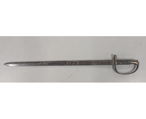 A British 1879 pattern saw back sword bayonet, for the Martini Henry artillery, having a 65cm long blade with various proof m