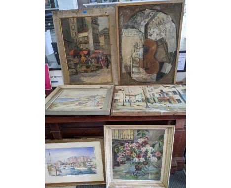 A group of unframed and framed oil paintings, and a watercolour to include one signed Dunlop - coastal scape with figures on 