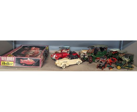 A group of built plastic models of classic cars A/F to include a boxed Alfa Romeo 1750-60 kit A/F, British Railway lantern A/