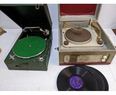 A Columbia green table top gramophone and an electric record player, no wire and various 78 records, Location: 