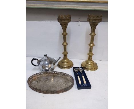 Metalware to include a pair of modern church style candlesticks, a silver plated tray, a teapot and salad servers 