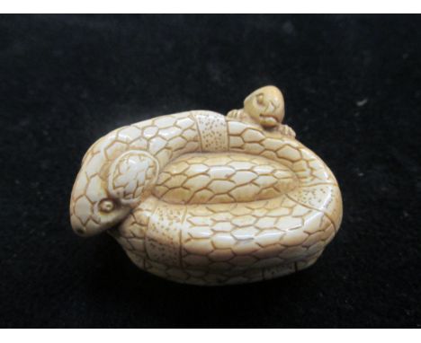 Ivory netsuke model of a snake &amp; rodent