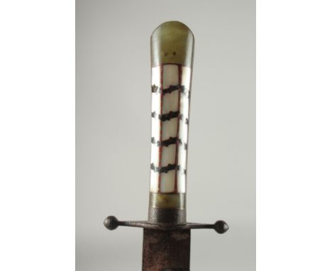 A FINE 19TH CENTURY INDIAN JADE AND MOTHER OF PEARL HILTED EUROPEAN STYLE HUNTING KNIFE, with leather overlaid wooden sheath,