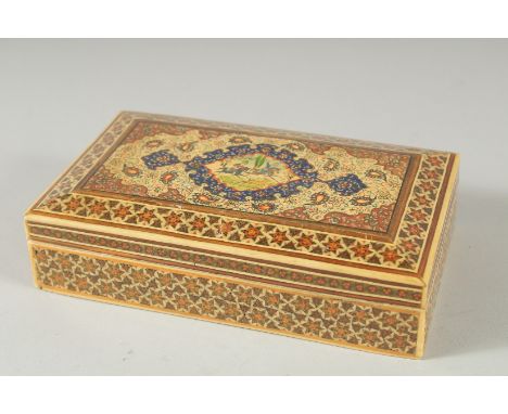 A PERSIAN KHATAM KARI JEWELLERY BOX, with micro mosaic and bone inlay, the lid with miniature painted panel depicting a hunti