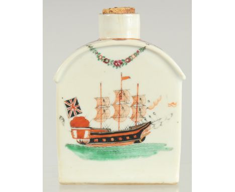 A CHINESE EXPORT PORCELAIN TEA CADDY, painted with European subject; British ship to each side, 11.5cm high.