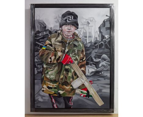 Jo Beer, British artist. Oil on canvas titled 'Impossible is Nothing'. Portrait of a Ukrainian child soldier. Jo Beer is a fi