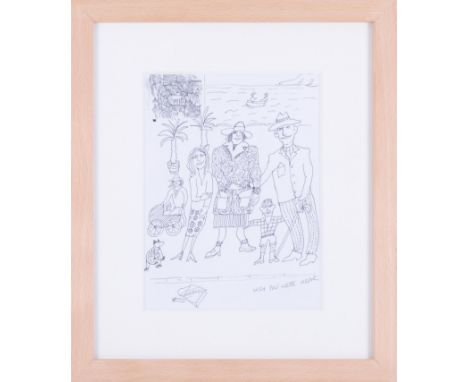 Fred Yates (1922-2008) black pen sketch 'Family', 20cm x 15cm, signed to reverse, framed and glazed.