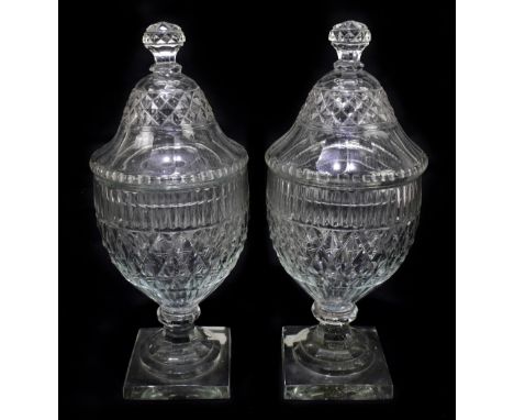 A pair of 19th century cut glass sweetmeat jars and covers with diamond cut decoration, height 28cm (2).Additional Informatio