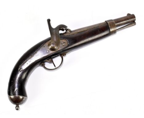 A 19th century French naval percussion cap pistol with 7" barrel and mounted on a dark stained stock and mounted with steel f