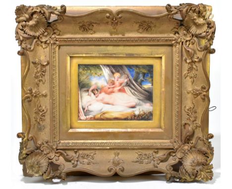 H HARDING; oil on ivory, 'Cupid &amp; Venus after Westall', inscribed and dated 1823 verso, 11.2 x 15cm, in ornate gilt frame