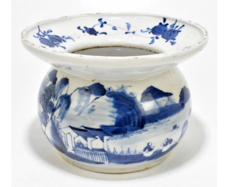 An 18th century Chinese Export blue and white spittoon, decorated with fishermen beside river scene and fruit, height 14cm, d