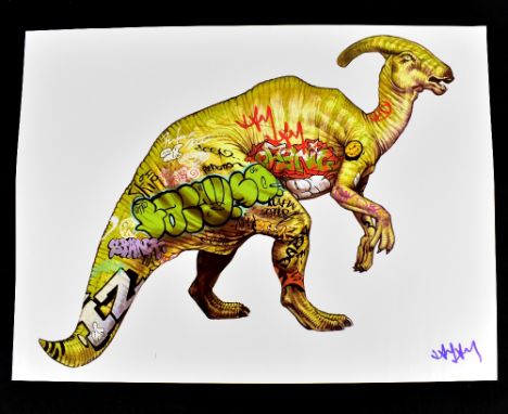 JAY JAY BURRIDGE (born 1971); a signed coloured print, 'Graffiti Dinosaur', 45.75 x 61cm, unframed.