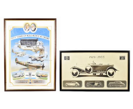 A Park Ward coach works 1915-1955 print, with a 50 years of Rolls-Royce print, the larger 59cm x 41cm, framed and glazed (2).