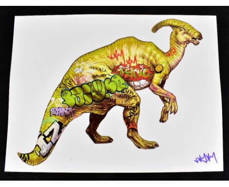 JAY JAY BURRIDGE (born 1971); a signed coloured print, 'Graffiti Dinosaur', 45.75 x 61cm, unframed.