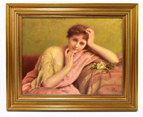 MANNER OF FRANCIS JOHN WYBURD; oil on canvas, portrait of a maiden in thought, initialled and dated 1893, 34.5 x 45cm, framed