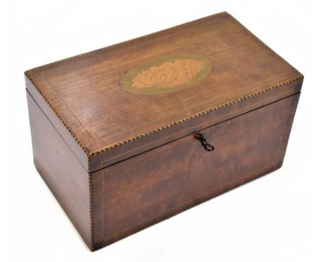 A Georgian inlaid mahogany tea caddy, the top with inlaid shell, width 21cm, depth 11.5cm, height 11cm.Additional Information